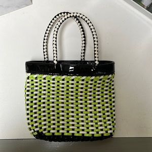 Solid and striped plastic woven mini tote bag